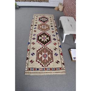 Vintage 3.2x9.9 ft Rug, Herki Turkish Rug, <b>Brown</b> Bordered <b>Wool</b> Rug - Product Image 1