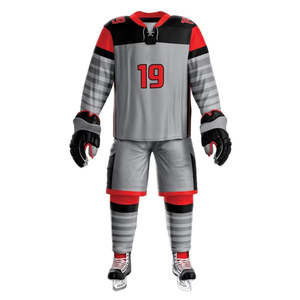 <b>Grey</b> Red Black Hockey Uniform Set Custom Sublimated Jersey Shorts <b>Socks</b> V Neck Long Sleeve Horizontal Stripe Athletic Wear - Product Image 4