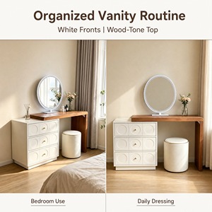 Ensemble de <span class=keywords><strong>coiffeuse</strong></span> moderne <span class=keywords><strong>blanc</strong></span> pour chambre à coucher avec miroir ovale éclairé, table de maquillage, commode à 1 tiroir, surface en bois, <span class=keywords><strong>meuble</strong></span> de maquillage - Product Image 5