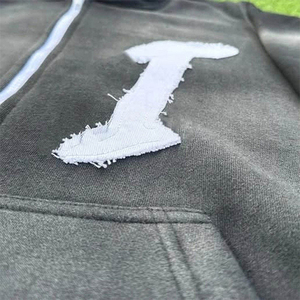 OEM Custom Distress Embroidery Patch Zip up Tracksuit Acid Wash Rhinestone Sweatpants and <b>Hoodie</b> Set for Men - Product Image 4