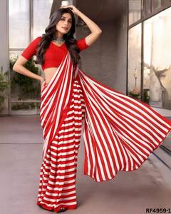 Saree con estampado de Georgette suave y vibrante con cortina fluida y blusa roja de contraste ideal para Ropa Étnica informal y diaria festiva - Product Image 5