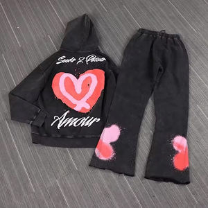 Survêtements pour hommes avec broderie en détresse Streetwear Ensembles de pantalons de survêtement et de sweat à capuche Sun Fade Tracksuit Acid Wash Jogger Set Men's Sweatsuit - Product Image 1