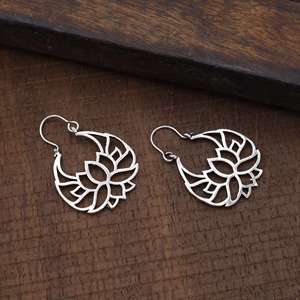 Boho Lotus <b>Hoop</b> <b>Earrings</b> Tribal Brass <b>Earrings</b> for Women <b>Silver</b> Plated Floral Design Wholesale <b>Earring</b> - Product Image 3