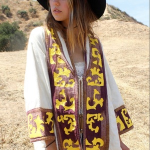 Kimono vintage en coton naturel, brodé à la main, avec franges, à nouer devant, sexy, grande taille, motif géométrique, coupe trapèze, respirant pour l'été - Product Image 1