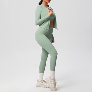 Haute qualité femmes vêtements de sport ensemble de gymnastique solide veste à glissière haut court Yoga Leggings-3 pièces ensemble d'entraînement - Product Image 1