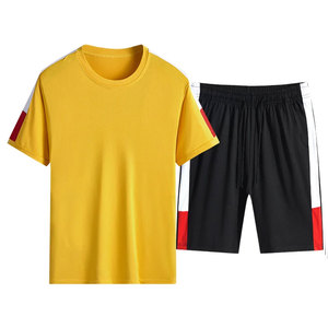 Casual Men's Two-Piece Summer Loungewear Contrast Color Solid Print Pattern <b>Knitted</b> Fabric Short Sleeve Shirt <b>Sets</b> - Product Image 1