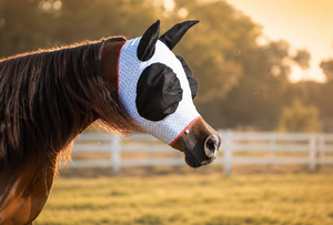Masque anti-mouches pour chevaux, en maille respirante, avec protection des oreilles et anti-UV, pour l'entraînement en extérieur - Product Image 3