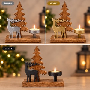 Wooden <b>Christmas</b> Deer <b>Tree</b> <b>Candle</b> Holder Rustic Tabletop Decor Winter Holiday Decoration Single-Piece Package - Product Image 4