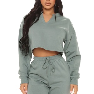 Femmes personnalisable 2 pièces solide polaire vêtements de sport ensemble haut court Joggers pantalon 100% coton survêtements hiver haute qualité - Product Image 2