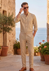 Ensemble 2 pièces confortable pour homme en lin blanc flamé, chemise respirante à col mandarin, taille élastique, 3 poches, entièrement boutonnée - Product Image 6