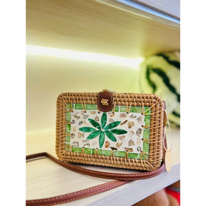 Vintage Mother of Pearl Inlay Round Drum Rattan <b>Bag</b> Handmade Floral Boho Purse for Summer Beach Travel & Premium Gifts - Product Image 2