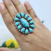 Bague ovale en turquoise naturelle, faite à la main, en argent sterling 925 rhodié, bijou vintage de caractère, bague de luxe Chakra, fournisseur en gros