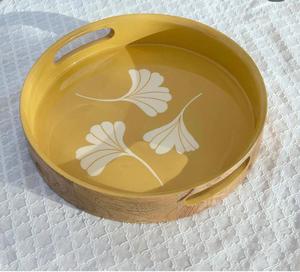 Plateau de service personnalisé en bois et impression activée de forme ronde de couleur jaune et blanche décorer la table plateau de style modèle utilisé plateau en bois - Product Image 5