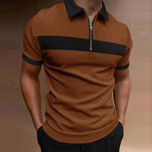 Camiseta de Manga Corta para Hombre, 100% Algodón, Tejido de Punto, Cierre de Cremallera, Estampado con Costuras, Corte Ajustado, Antiarrugas, Primavera-Verano - Product Image 3