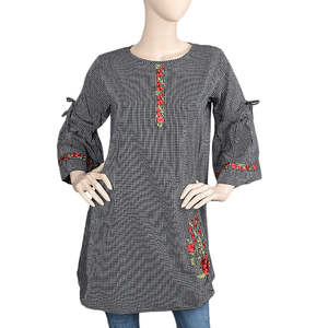 Women's Strip Cotton <b>Kurti</b> - Black - Product Image 2