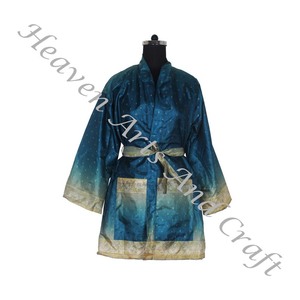 KS005 Bohemian Silk Vintage Sari Kimono Short <b>Robe</b> - Summer Beach Wear Bikini Silk Cover up - Wholesale Silk Sari Vintage Sari - Product Image 1