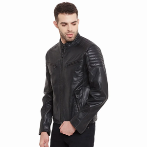 Veste de moto en cuir véritable gaufré pour homme, col montant, respirante, vente en gros - Product Image 4