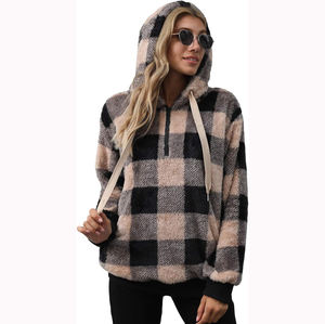 Wholesale Customize Womens Oversized <b>Sherpa</b> Pullover <b>Hoodie</b> with Pockets Fuzzy <b>Fleece</b> Sweatshirt Plaid Fluffy Hoodies - Product Image 1