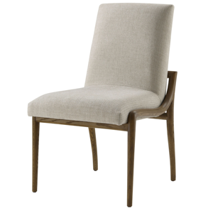 Silla Lateral Tapizada Contemporánea con Estructura de Madera Curvada Abierta, Patas Cónicas y Tela Neutral - Product Image 1