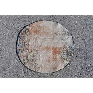 Alfombra de lana turca Vintage de 2,1x2,1 pies, diseño de retales Beige y azul, tejido plano con respaldo de látex para decoraciones de sala de estar - Product Image 1