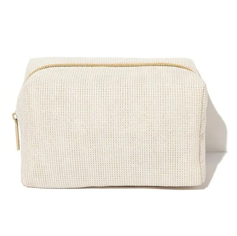 Wholesale Plain White Jute Women's Makeup Travel toiletry Cosmetic gold Zipper Bag Custom Logo Clear cotton canvas cosmetic bag