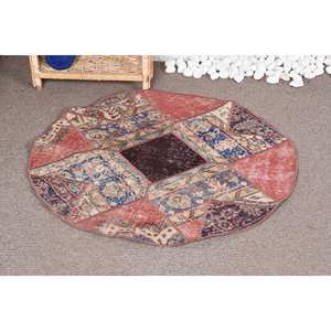 Vintage <b>Turkish</b> <b>Rug</b> 3.2 X 3.3ft Red Blue Patchwork Design Wool Latex Large Area Rectangle for Hallway for Bedroom Summer - Product Image 1