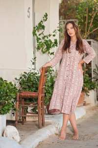 Robe bohème New Athena, imprimée à la main, en pur coton, motif floral, rose poussiéreux, blanc, décontractée - Product Image 2