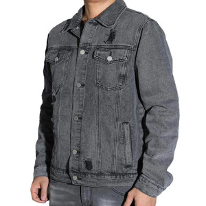 Custom LOGO <b>Men</b> Plain Bulk <b>Denim</b> <b>Jacket</b> Ripped Flap Pocket Black <b>Denim</b> <b>Jacket</b> for <b>Men</b> - Product Image 4