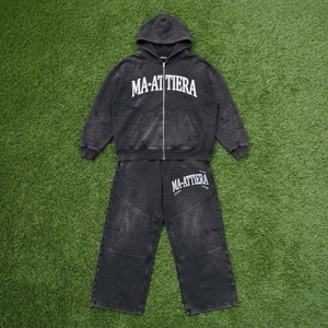 Mens Washed <b>Black</b> <b>Zip</b> Up Hooded Tracksuit Set Decorative Text Print <b>Hoodie</b> and Wide Leg Pants - Product Image 6