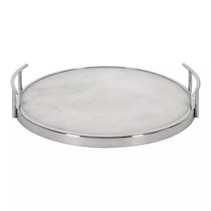 Plateau de Service Rond en Marbre Blanc avec Bordure Argentée et Poignée Élégant Accent de Table pour la Cuisine à Domicile et la Salle à Manger - Product Image 1