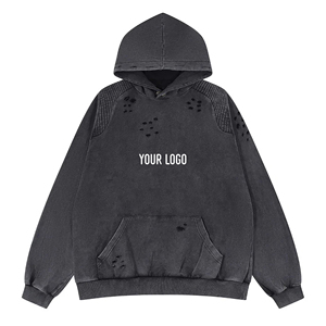 Sudadera con Capucha Corta para Hombre, de Algodón Grueso de 500 g/m², con Pedrería, Personalizada con Estampado, Estilo Holgado, Lavado Ácido, Desgastada - Product Image 3