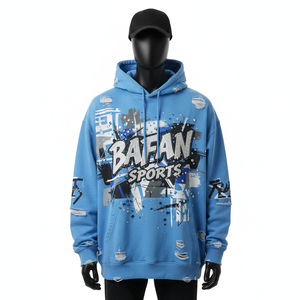 เสื้อฮู้ดดี้พรีเมียมสำหรับผู้ชาย ผ้าฟลีซคอตตอนหนา 350 GSM สีดำ ดีไซน์แผงผ้าแบบดิสเทรส ปักโลโก้ตามสั่ง เสื้อฮู้ดดี้พื้นฐาน - Product Image 1