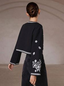 Dark Black Embroidered Womens Coat Winter <b>Jacket</b> with Floral <b>Pattern</b> and Button Decoration Woven Cotton Fabric Autumn Wear - Product Image 5