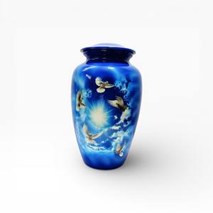 Blue Heaven Dove Cremation Urn with Light Rays and Uplifted Hands <b>Artwork</b> for Spiritual Memorial Tribute - Product Image 3