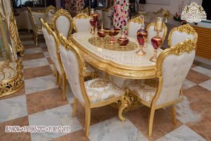 Ensemble de table à manger en teck moderne au design rococo royal blanc or, meubles élégants pour salle à manger, taille personnalisée - Product Image 2