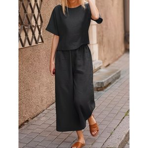 Women'<b>s</b> Short-Sleeved Boat Neck <b>Blouse</b> <b>and</b> Pants Two-Piece Set, 35737 - Black - Product Image 1