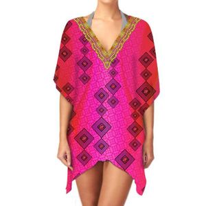 Vestido caftán corto elegante con cuello en V para mujer, ropa de playa de verano de una pieza de tela transpirable para uso diario informal y salidas - Product Image 1