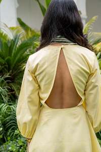 เดรสสีเหลืองของผู้หญิงกระโปรงบานผ้าลินินน้ำหนักเบาแขนกว้างผ้าทอเป็นมิตรต่อสิ่งแวดล้อมผ้าทอขนาดพอดีเอว - Product Image 5