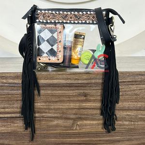 Sac à bandoulière transparent de style occidental, en cuir de vache véritable, avec franges, approuvé pour les stades, sac à main bohème tendance pour femmes - Product Image 1
