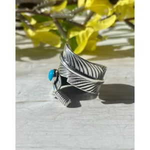 Kingman Turquoise <b>Sterling</b> <b>Silver</b> Feather <b>Ring</b> <b>Adjustable</b> Size Rose Gold Plated Bezel Setting Trendy Gift - Product Image 4
