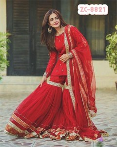 VESTIDO DE TRAJE DE FIESTA INDIA DE CALIDAD PREMIUM DISEÑADOR ROJO SHARARA PALAZZO SALWAR A LA MEJOR TARIFA AL POR MAYOR en GEORGETTE FABRIC - Product Image 2