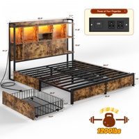 Cadre de lit avec tête de lit haute et 4 tiroirs, mobilier de chambre en bois massif et fer forgé, cadre de lit robuste et épaissi 1,5m 1,8m 2m T05