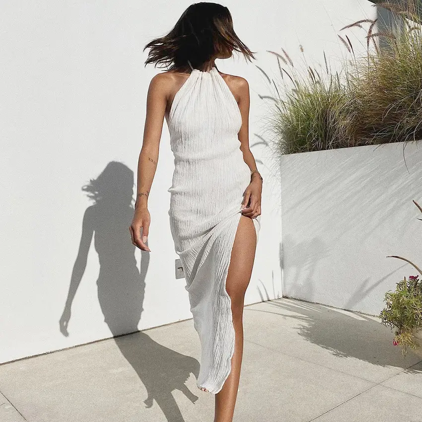 2023 Summer Fashion White Halter Sleeveless Backless Slit Dress Chiffon Long Dresses