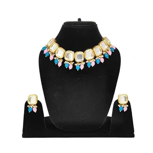 Ensemble de collier Kundan Meenakari avec zircon rose et bleu, diamant et perle, plaqué or, bijoux fins pour cadeaux, y compris une bague - Product Image 1