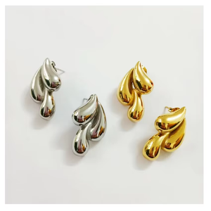 เครื่องประดับแฟชั่นกันน้ำทำจากสแตนเลสชุบทอง18K ต่างหูหยดน้ำสามหยดทำจากอินเดีย - Product Image 5