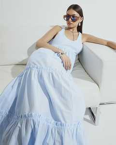 Look décontracté longueur cheville robe longue 100% coton tissu confortable col rond bohème robe longue à plusieurs niveaux - Product Image 3