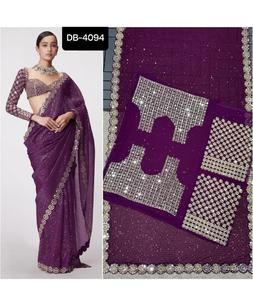 Fiesta india y ropa de Festival Faux Georgette Saree con trabajo de bordado de secuencia y Sari de trabajo de espejo Real para tela de mujer - Product Image 1