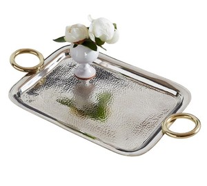 Bandeja de Servicio Cuadrada de Acero Inoxidable de Lujo, Plateada, Martillada, con Asas Doradas, para Uso en el Hogar u Oficina, Decorativa para Escritorio o Comida - Product Image 3