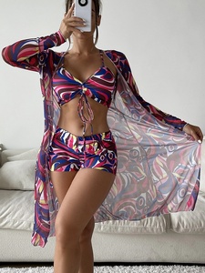 Traje de baño personalizado al por mayor 2026 para mujer, conjunto de 3 piezas de bikini de cintura alta con manga larga y cordón, vestido de playa y pareo. - Product Image 5