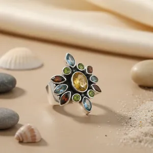 Bague Cocktail Art Palace en Argent 925 Forme Fleur, Grappe de Pierres Précieuses Multicolores Topaze, Sertissage Clos, Style Bohème, Bijoux Unisexe - Product Image 3